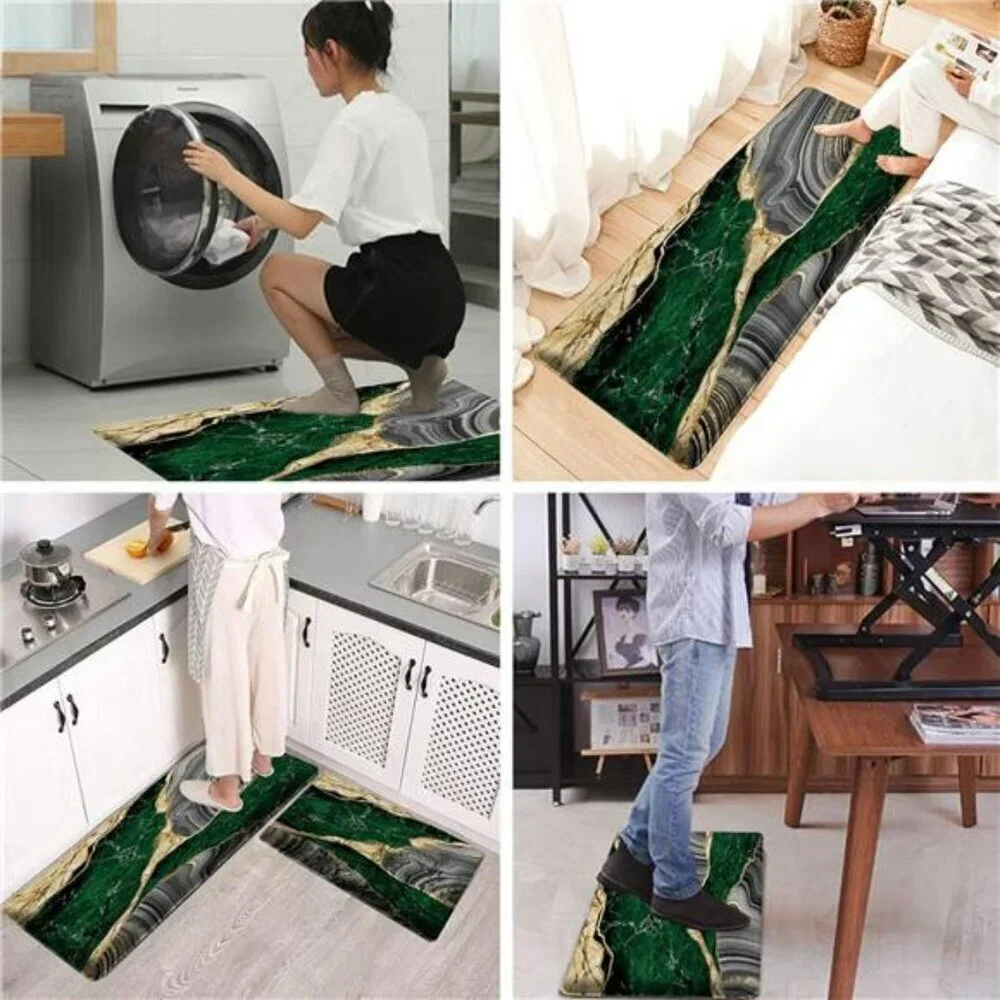 Green Marble Anti Fatigue Kitchen Mat Set Cushioned Waterproof Floor Runner